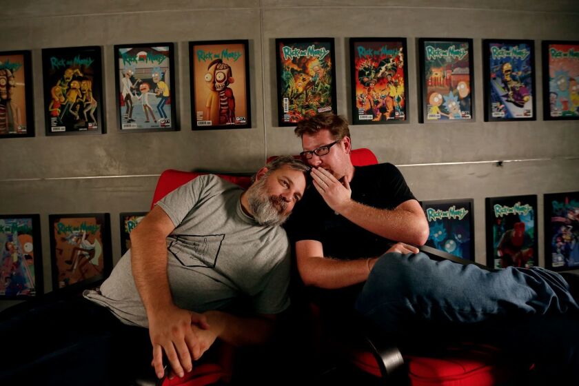 BURBANK, CA JULY 6, 2017: Portrait of Dan Harmon, left, and Justin Roiland, right, creators of the cult TV series "Rick and Morty" at their studio in Burbank, CA July 6, 2017. (Francine Orr/ Los Angeles Times)