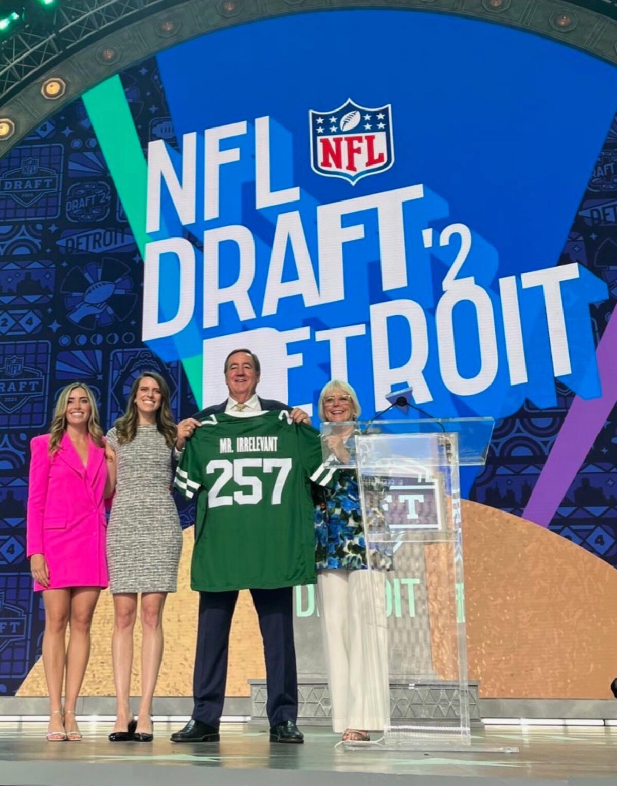 Melanie Salata Fitch, far right, stands with family to announce the Mr. Irrelevant pick at the 2024 NFL Draft.