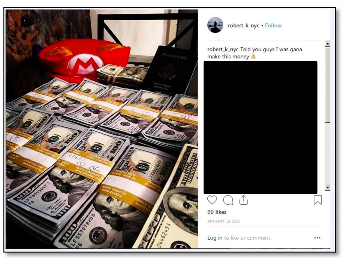 A screenshot shows money and a social media post.