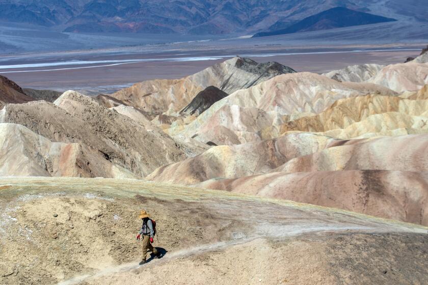 Death Valley, CA - July 18: Steve Curry, 71, of Sunland, is walking to Zabriskie Point in Death Valley National Park on Tuesday, July 18, 2023, in Death Valley, CA. It was well over 100 degrees by 10:00 am today. All the other visitors were walking up the paved path to the top of the viewing vista. Curry kicked a difference course. (Francine Orr / Los Angeles Times)
