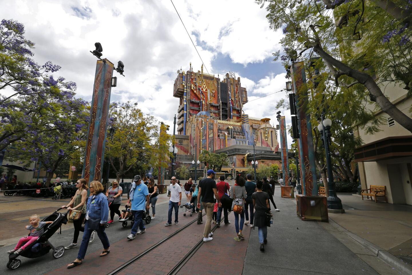 Exterior view of the Guardians of the Galaxy: Mission Breakout ride in Anaheim's California Adventure theme park.