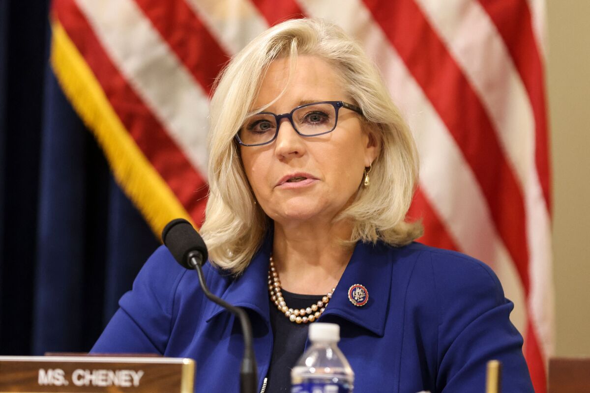 Rep. Liz Cheney, R-WY, seen delivering a statement on Capitol Hill in July
