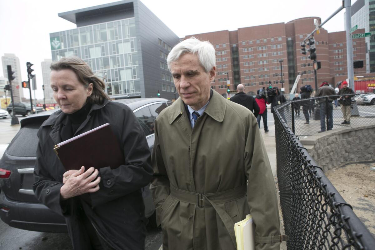 Dzhokhar Tsarnaev's defense attorneys Judy Clarke and David Bruck leave the John Joseph Moakley Federal Courthouse on April 8.