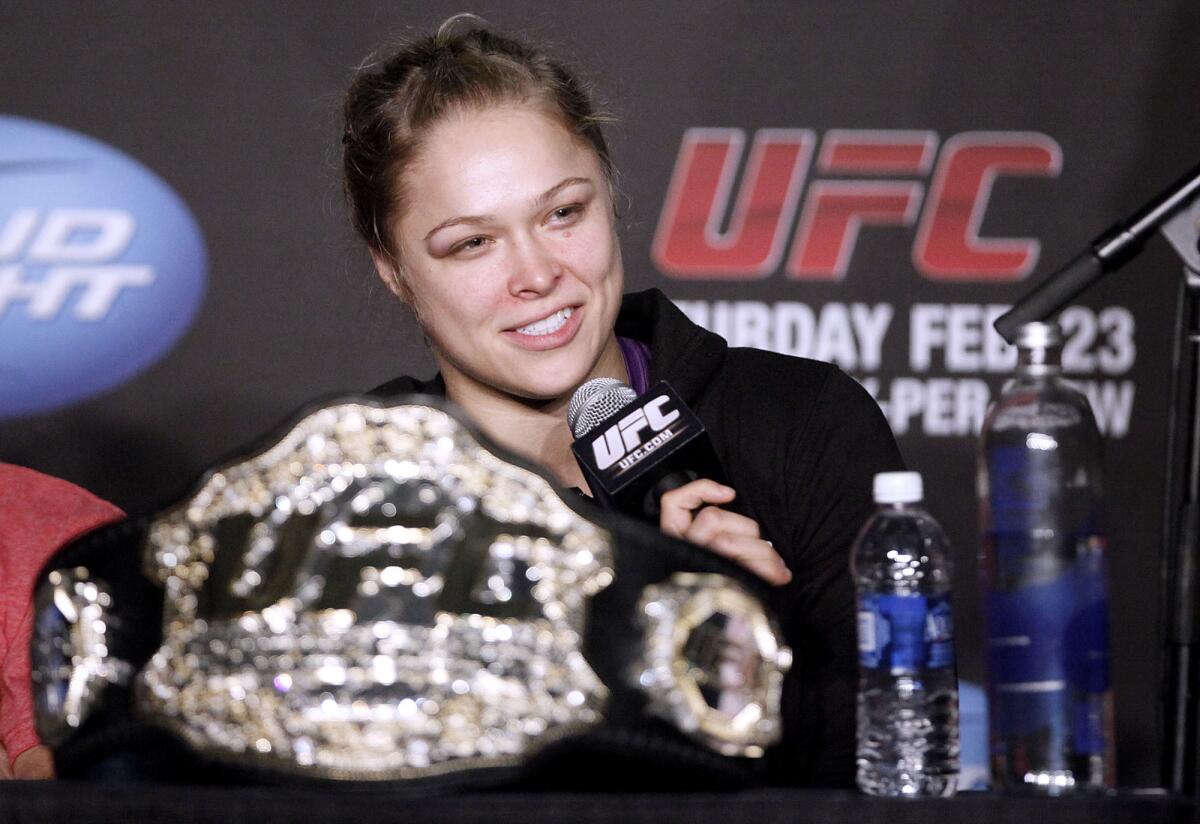 Ronda Rousey talks about her win over ex-Marine Liz Carmouche in the first round of the UFC157 at the Honda Center in Anaheim on Saturday, February 23, 2013. Ronda Rousey, who trains at the Glendale Fighting Club in Glendale, defended her world championship title in the main event.