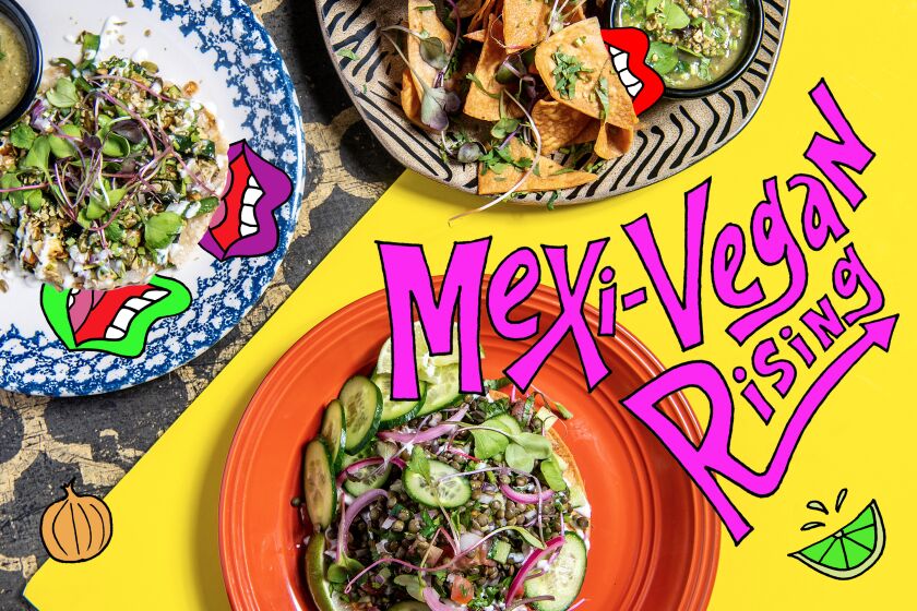 Plates of vegan mexican food with illustrations of mouths eating the food over the photo 