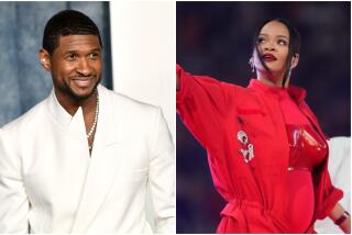 Split: left, Usher wears a white suit; right, Rihanna wears a red bodysuit and red jacket as she performs on a stage