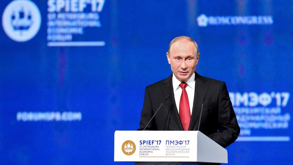 Russian President Vladimir Putin gives a speech during a session of the St. Petersburg International Economic Forum on June 2, 2017, in Russia.
