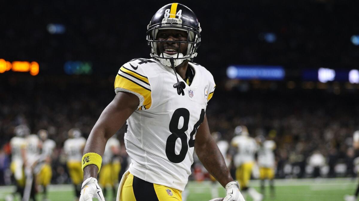 Antonio Brown celebrates a touchdown during a game between the Pittsburgh Steelers and New Orleans Saints in December.
