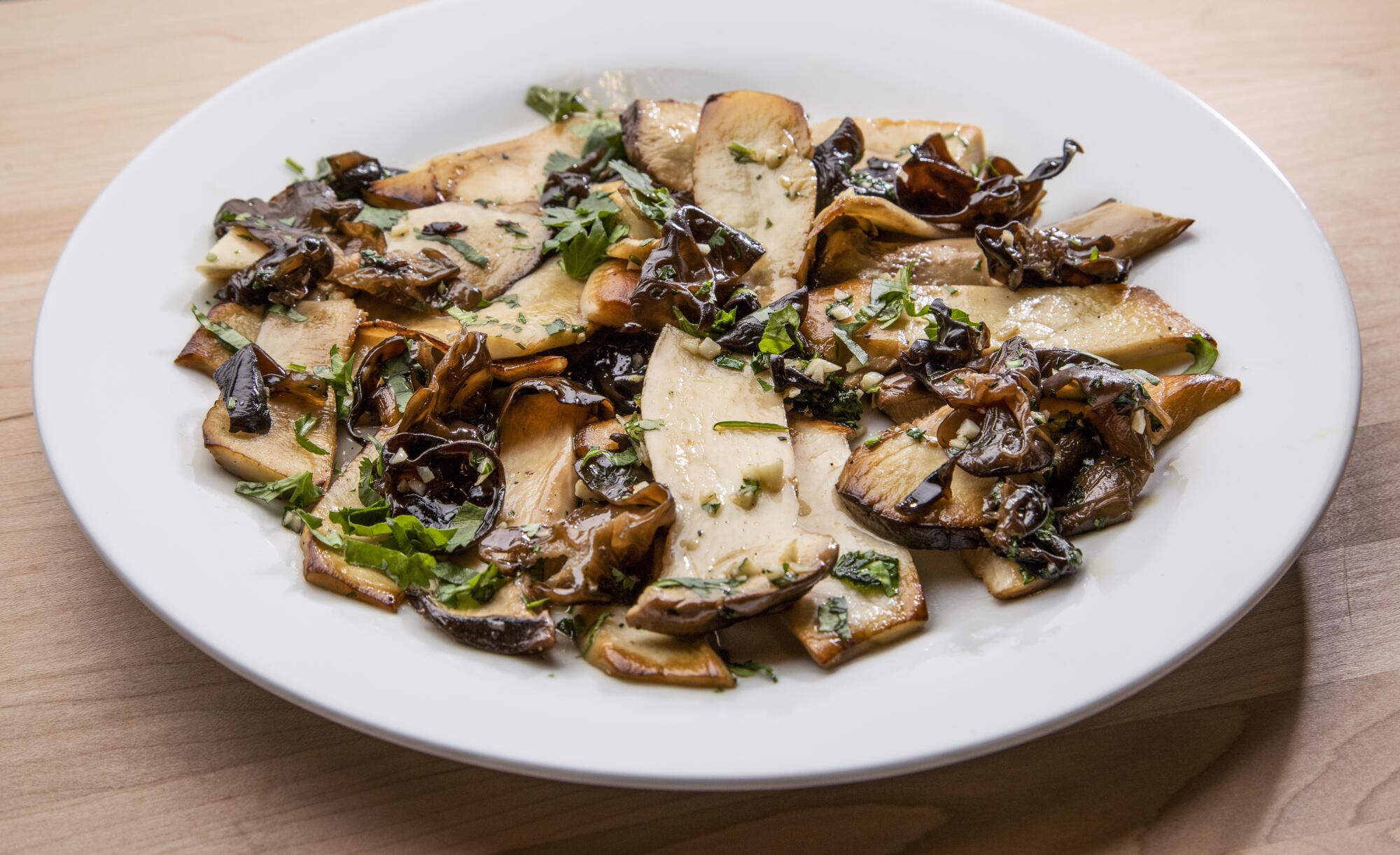 A mushroom salad in a bowl.