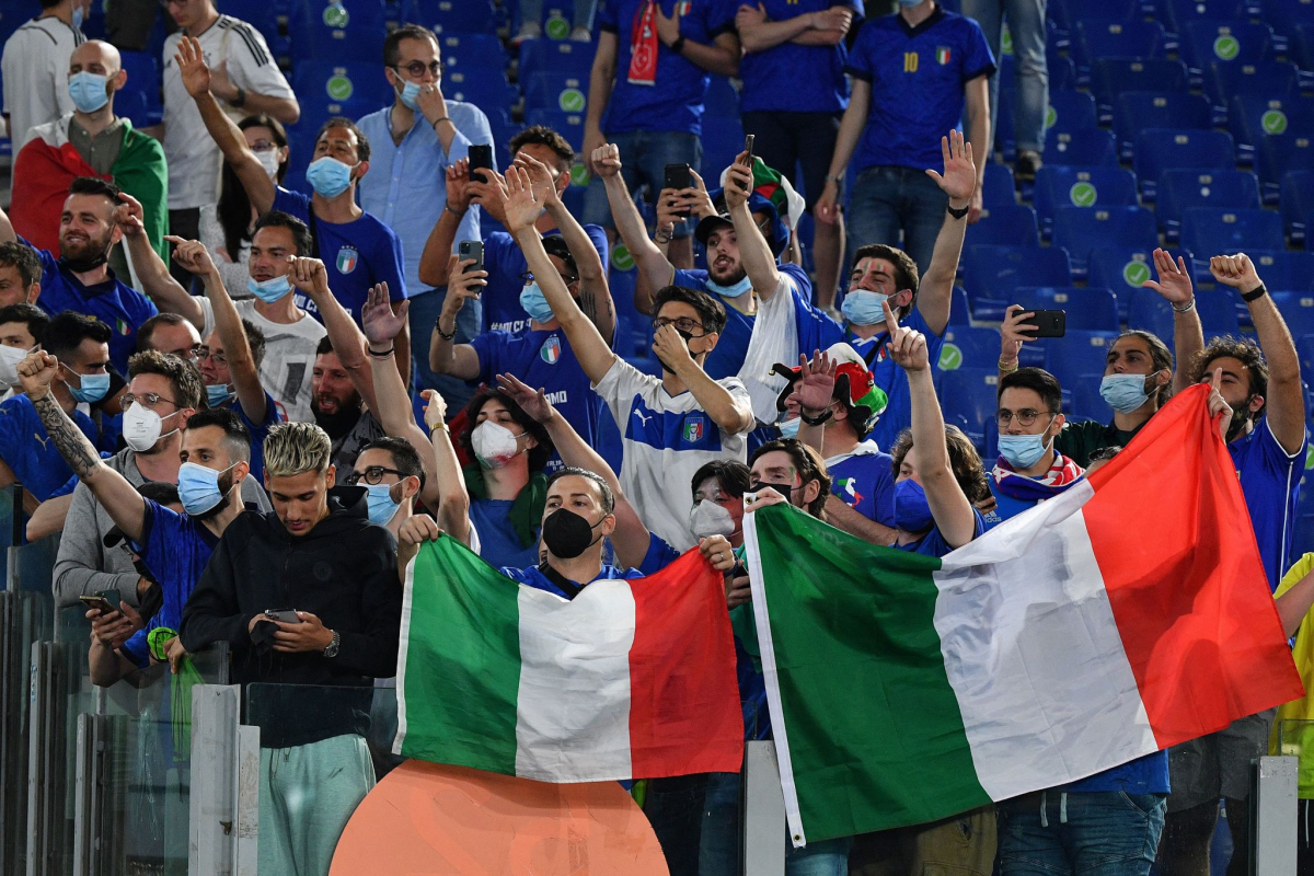 Italy fans celebrate at the end of their team's win over Turkey on June 11, 2021.