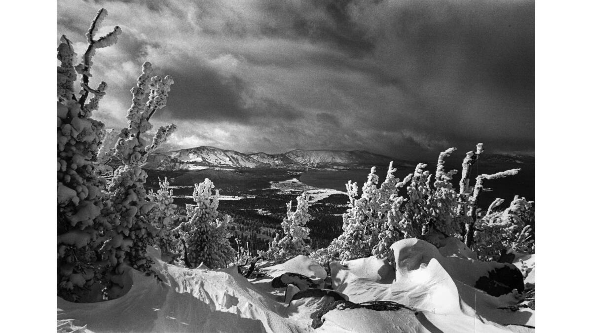 Feb. 1, 1981: Snow sparkles at 9,000 feet in the Sierra. Lake Tahoe lies far below, to the right.