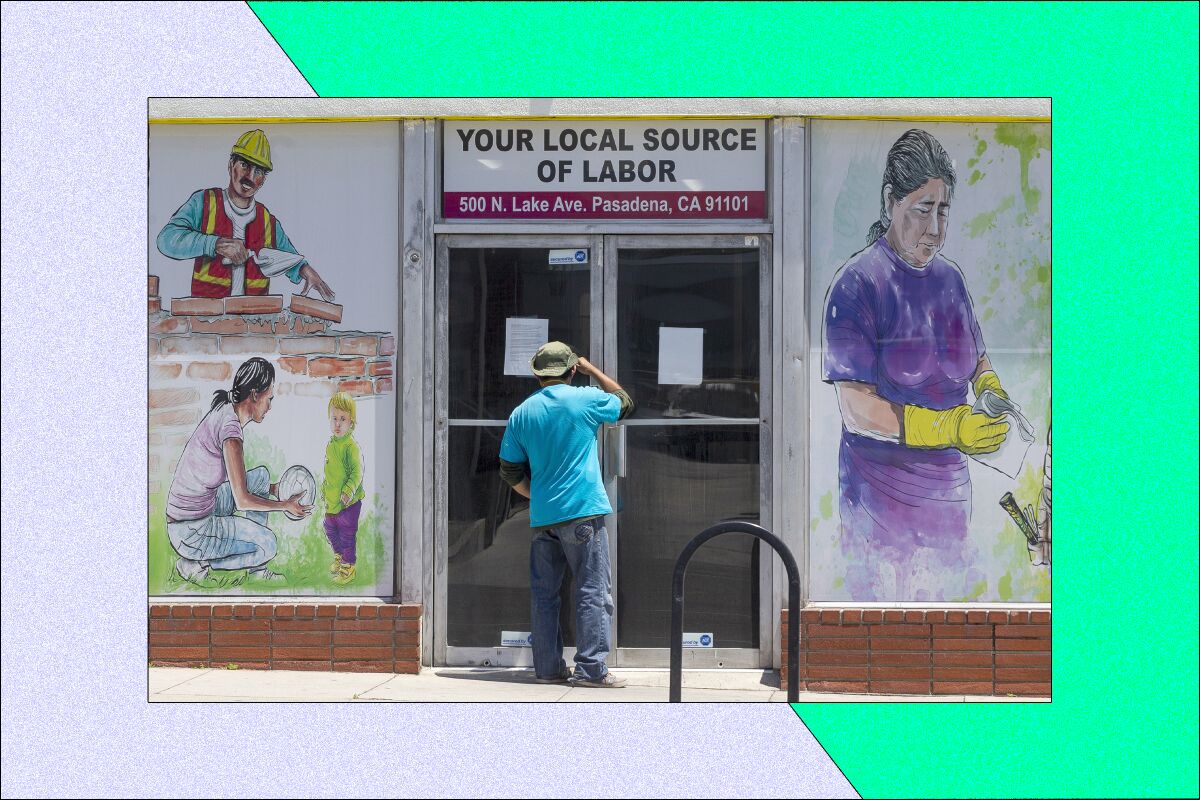 A worker looks inside the closed doors of the Pasadena Community Job Center in Pasadena, Calif.