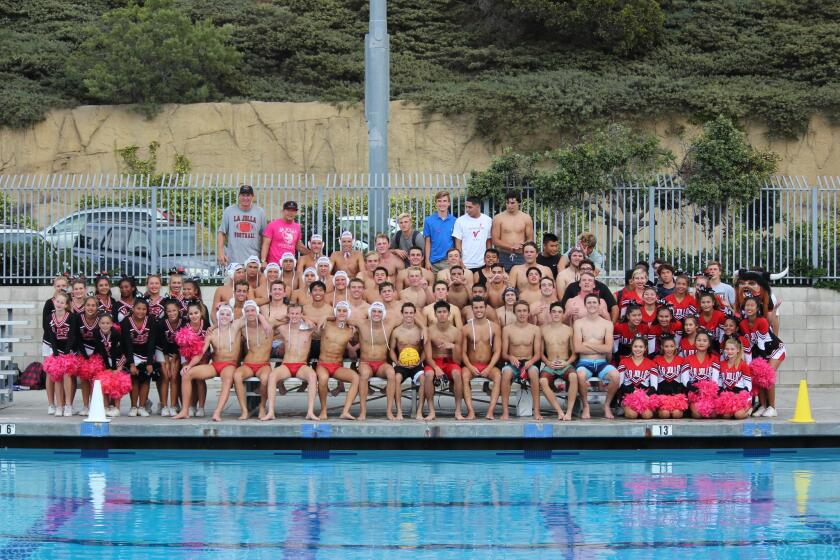 Post-event group shot with Tangle in the Tank participants. In the second annual “Tangle in the Tank,” Sept. 27, 2016, the La Jolla High varsity football team prevailed over the water polo team by a final score of 35-27.