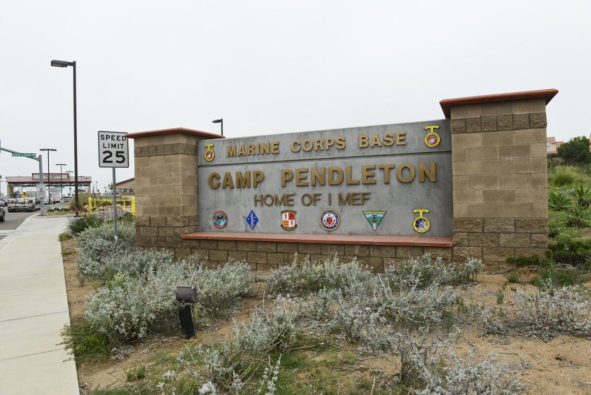 Camp Pendleton Marine Corps Base sign outside the main gate of the base in Oceanside.