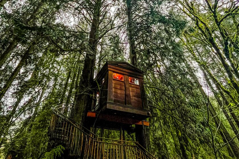 Treehouse Point, a collection of seven rentable treehouses, is neighbored by the Raging River about 30 minutes east of Seattle. This treehouse is known as Bonbibi.