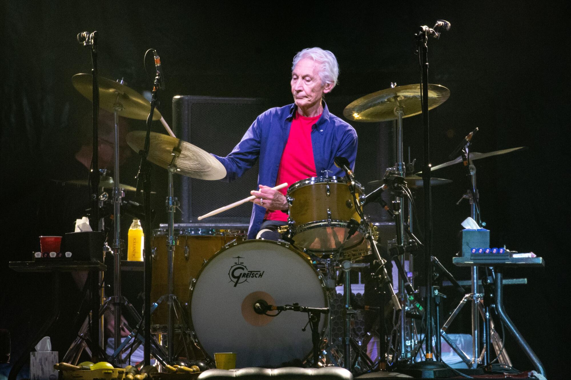 Rolling Stones drummer Charlie Watts plays during the band's No Filter tour at NRG Stadium in 2019.
