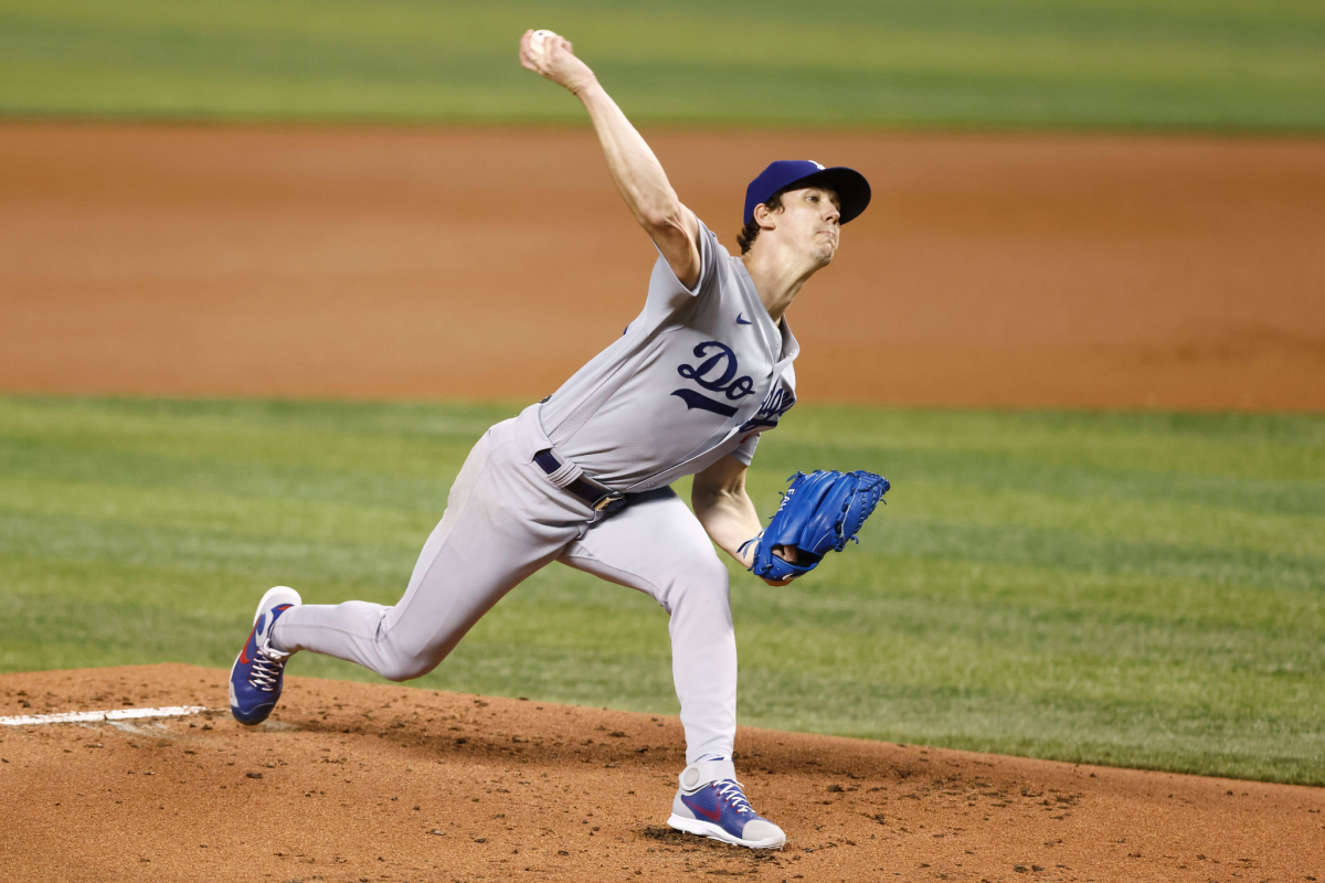 Dodgers pitcher Walker Buehler delivers during a 6-5 loss to the Miami Marlins on Monday.