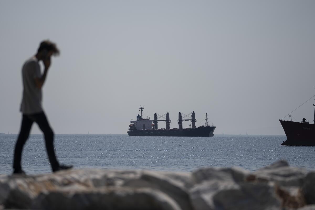 The Panama-flagged cargo ship Lady Zehma anchors in the Marmara Sea in Istanbul, Turkey, Friday, Sept. 2, 2022. The cargo ship carrying tons of grain from Ukraine was stranded in Istanbul’s Bosporus and had to be rescued early Friday. (AP Photo/Khalil Hamra)