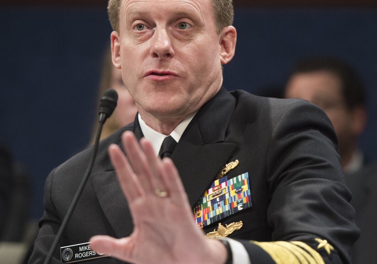 NSA Director Adm. Michael Rogers testifies during a U.S. House Committee on Intelligence hearing on Capitol Hill in Washington, D.C.
