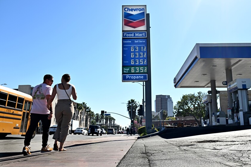 Gas prices are shown at a station in downtown Los Angeles. 