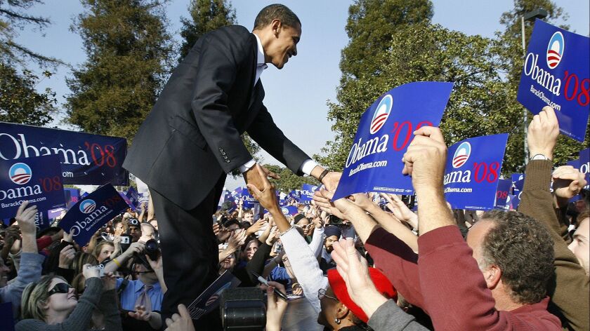 Presidential candidate Barack Obama greets supporters during a rally at Rancho Cienega Sports Complex in Los Angeles on Feb. 20, 2007. A road that borders the park is being renamed in his honor.