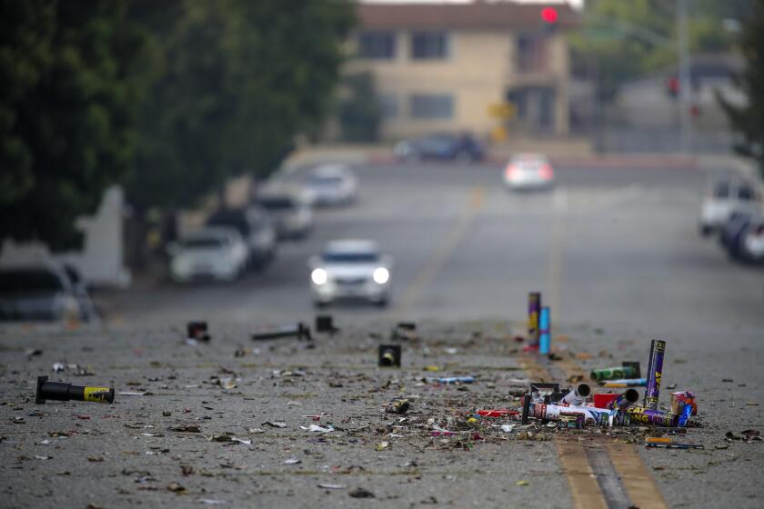 Montebello, CA - July 05: Spent fireworks from last nights celebration litter 600 block of Howard Avenue, just about a mile away from the location where a man died from severe injuries suffered from illegal fireworks at 1400 block of Germain Drive on Tuesday, July 5, 2022 in Montebello, CA. (Irfan Khan / Los Angeles Times)