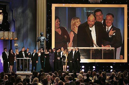James Gandolfini and the rest of the "Sopranos" cast accepts the award for ensemble in a dramatic series at the 14th Annual Screen Actors Guild Awards at the Shrine Auditorium.
