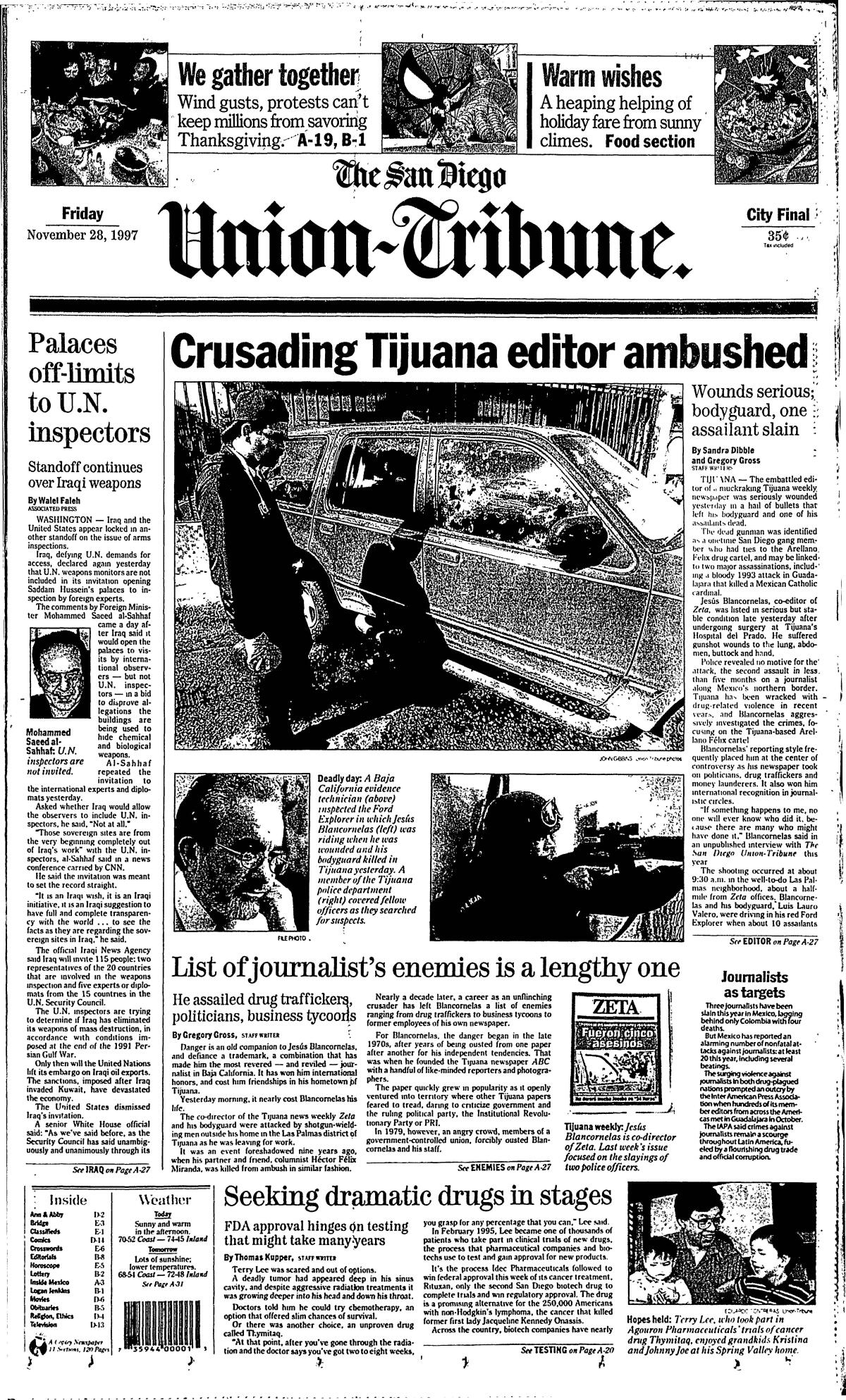 "Crusading Tijuana editor ambushed," on the front page of The San Diego Union-Tribune, Nov. 28, 1997.