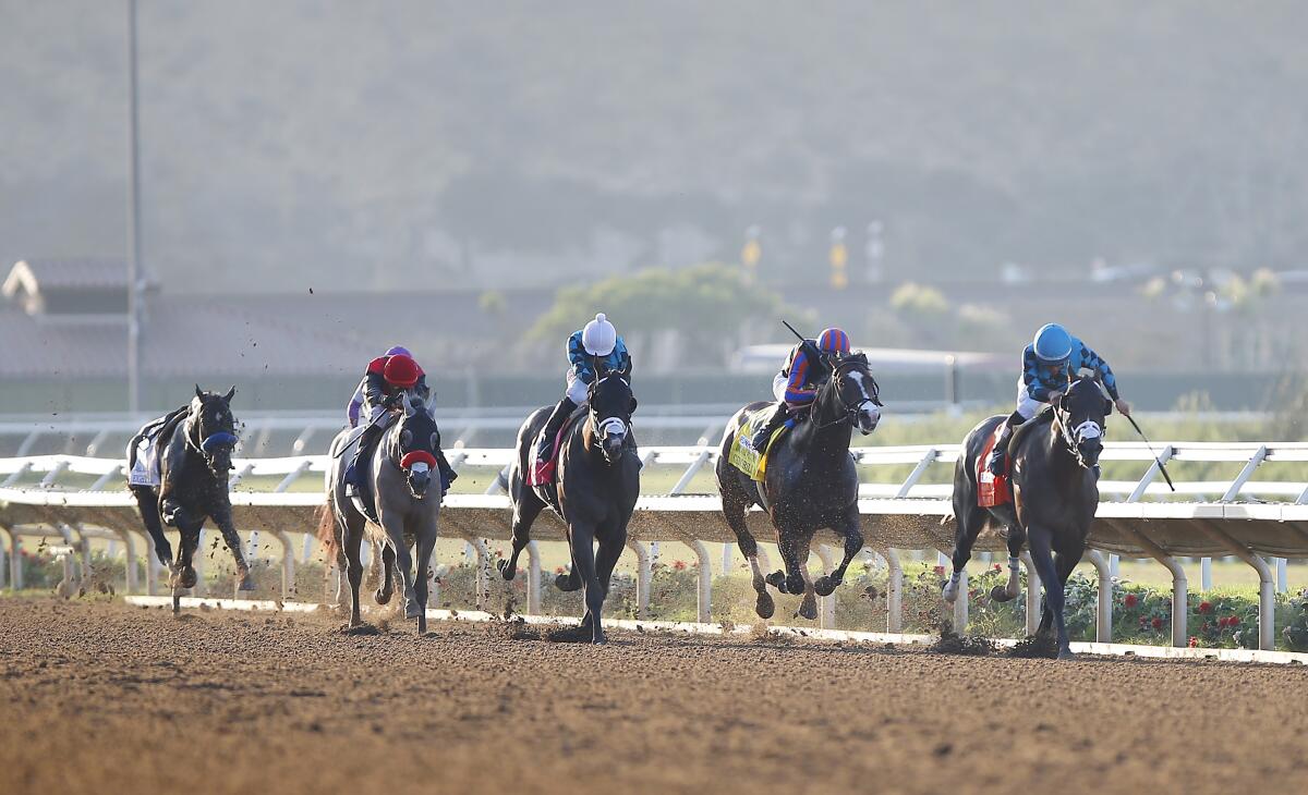 Nucky (right), ridden by Norberto Arroyo Jr., wins the Grade I Del Mar Futurity on Monday. At left is riderless horse Eight Rings, who was favored, but lost his jockey shortly after the start.