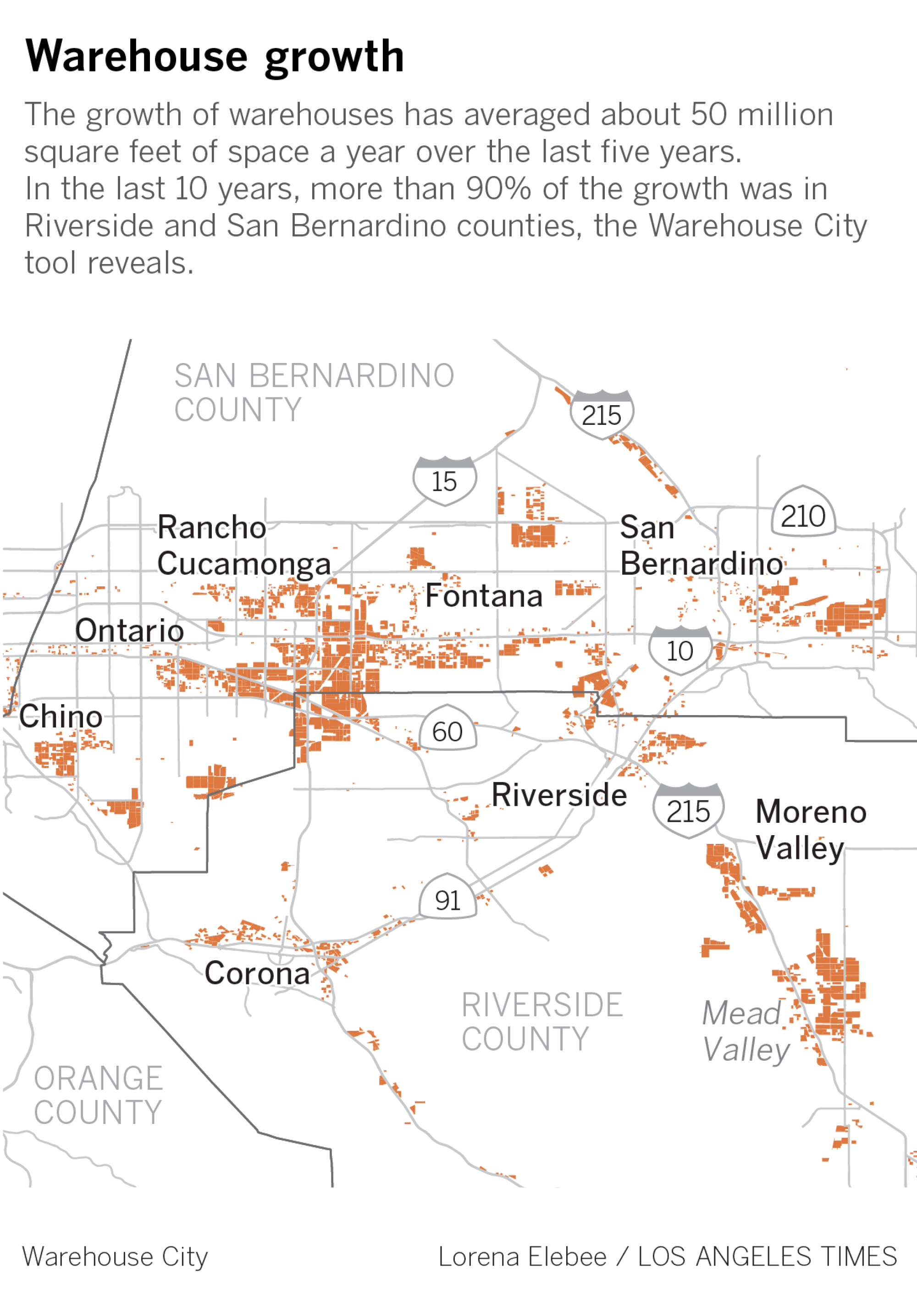 A map showing the growth of warehouses in the Inland Empire.