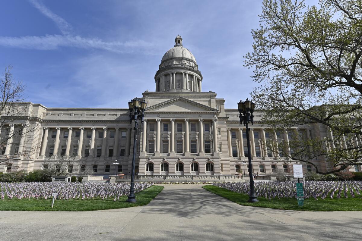 FILE - Exterior photo of the Kentucky State Capitol in Frankfort, Ky., Wednesday, April 7, 2021. On Friday, July 1, 2022, The Associated Press reported on stories circulating online incorrectly claiming Kentucky is considering legislation that would require women to submit to the state every month a statement from a doctor indicating if they are pregnant — or else face penalties. (AP Photo/Timothy D. Easley, File)