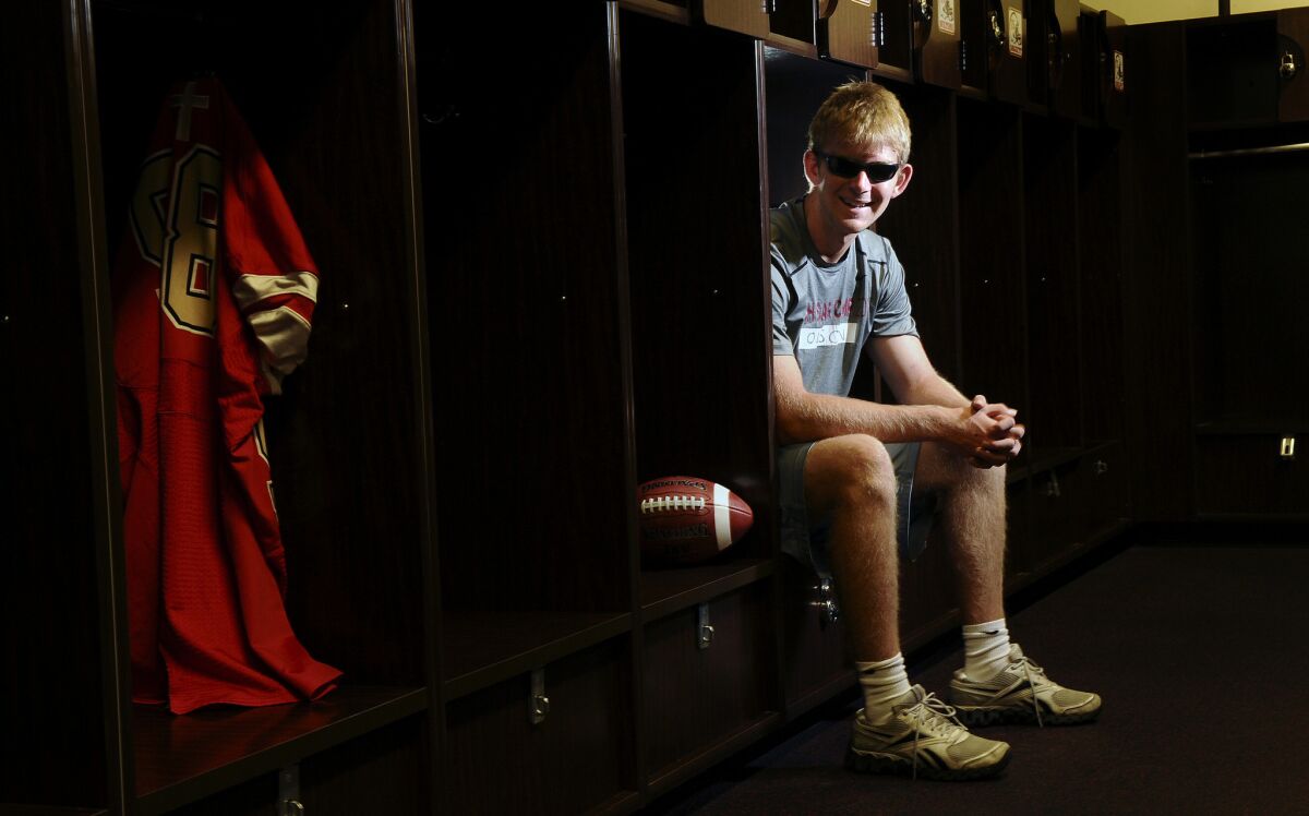 Jake Olson, who lost his left eye at 10 months old to a rare form of cancer that eventually required surgery to remove his right eye at 12 years old, spent his last day of sight with the USC football team.