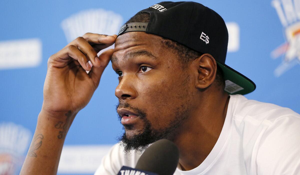 Oklahoma City's Kevin Durant speaks during a news conference at the team's practice facility in Oklahoma City on June 1.