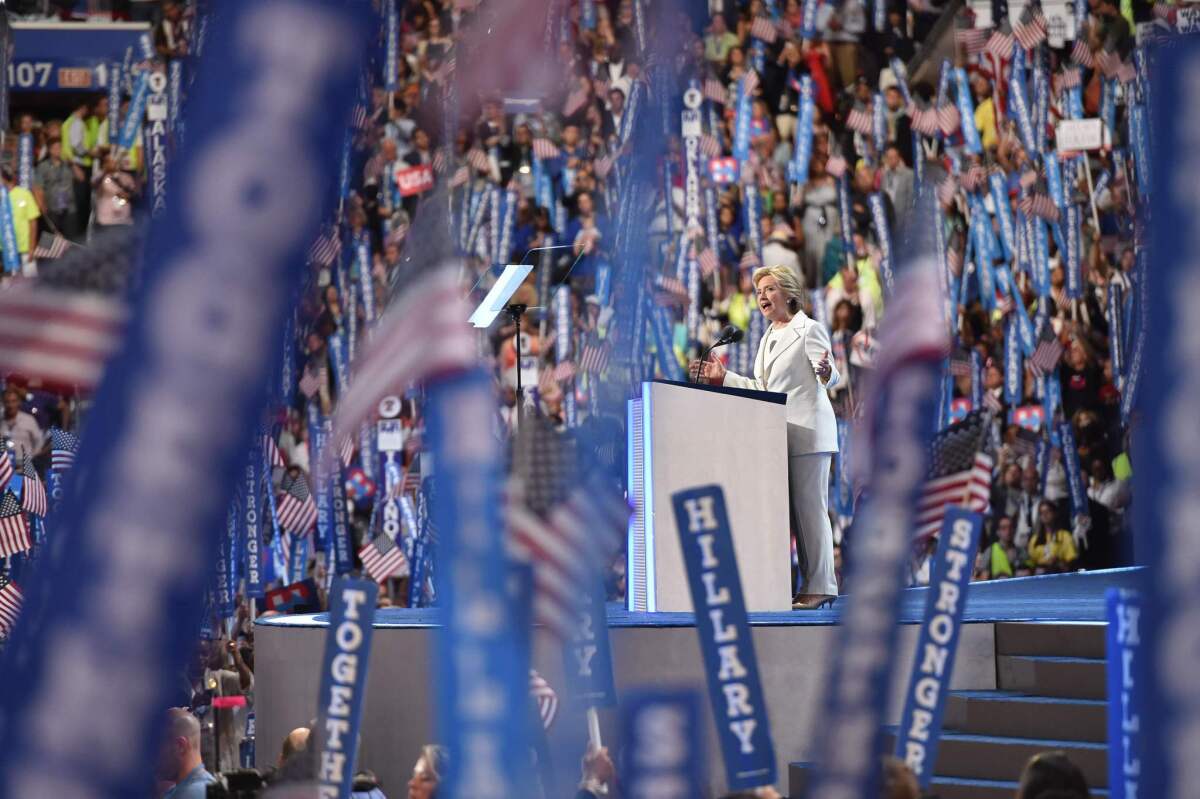 Democratic presidential nominee Hillary Clinton speaks on stage during the fourth and final night of the Democratic National Convention.
