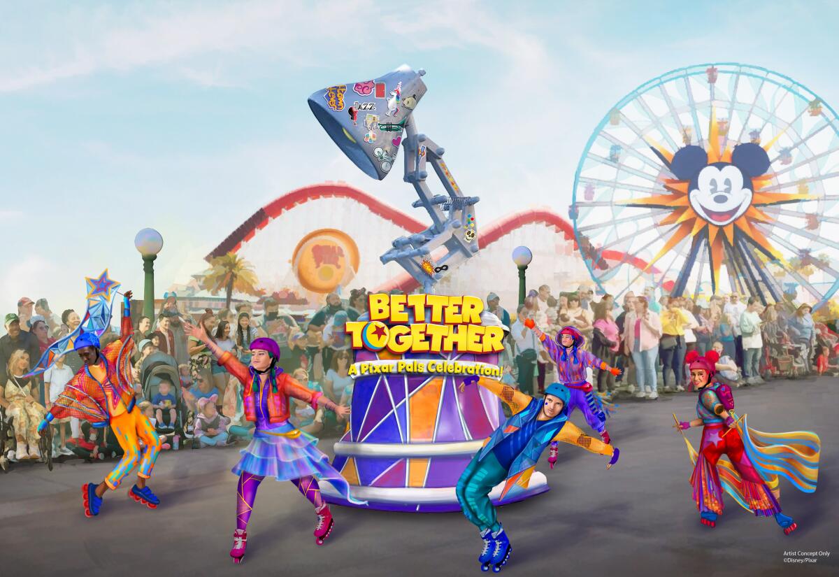 Costumed people dance around a giant desk lamp with the words Better Together on its base, a Ferris wheel in the background