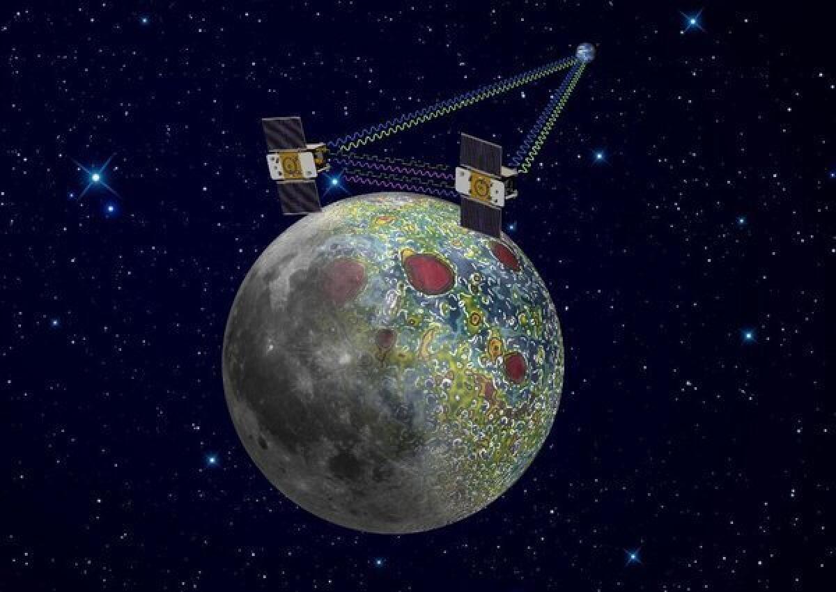 An artist's rendering of the twin GRAIL spacecraft, Ebb and Flow, which will crash into the moon's north pole on Monday.