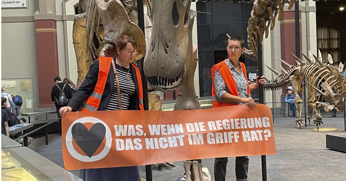 Ativistas colam-se a esqueleto de dinossauro em protesto