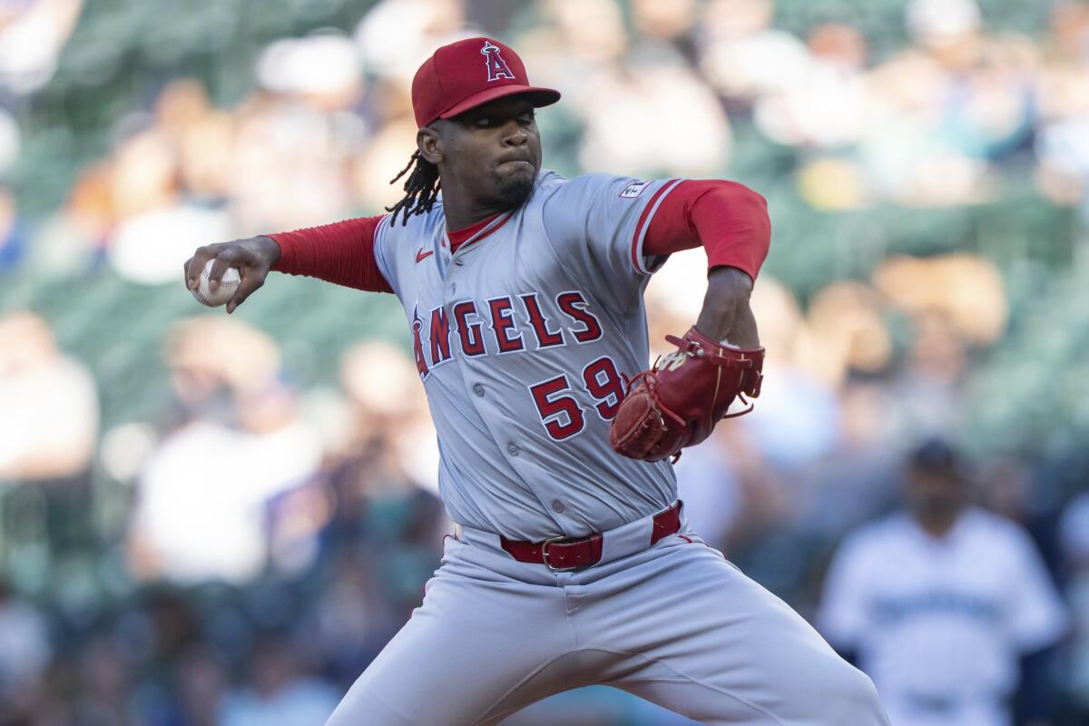 Angels starter Jose Soriano delivers a pitch during the first inning against the Seattle Mariners.