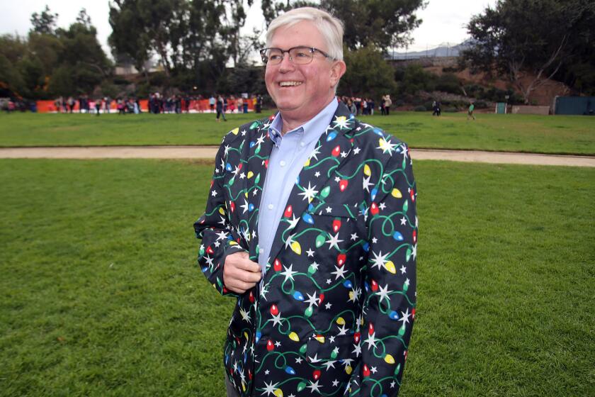 Len Pieroni the Mayor of La Canada Flintridge dressed in his holiday attire is ready for the La Canada Flintridge Chamber of Commerce 25th annual Festival in Lights at Memorial Park in La Canada Flintridge, Ca., Friday, December 6, 2019. (photo by James Carbone)