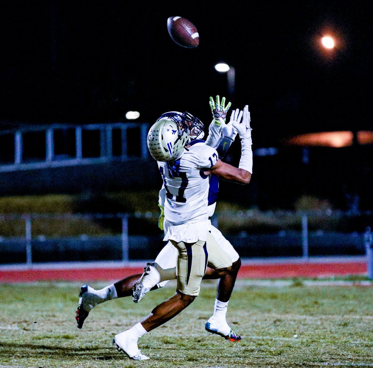 Peyton Waters of Birmingham looks like he's going to make a great catch. He does to make an interception against Venice.