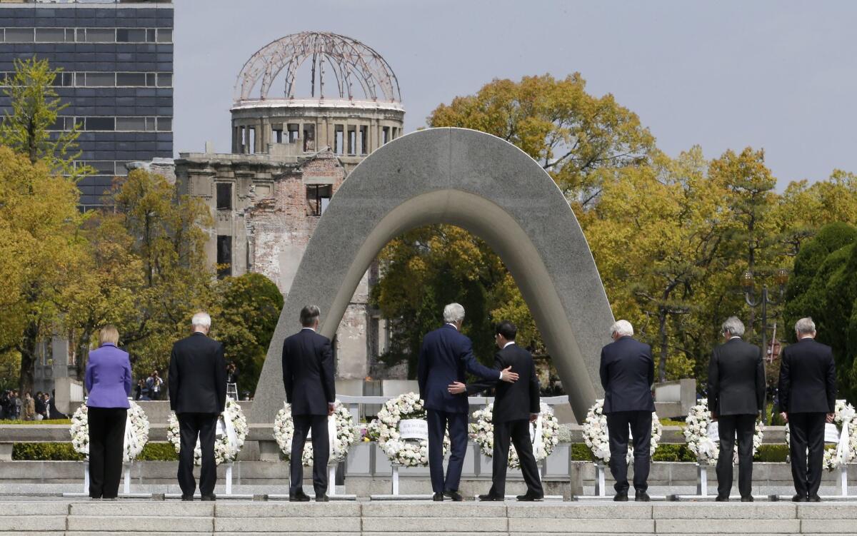 U.S. Secretary of State John Kerry participates in a wreath-laying ceremony in Hiroshima, Japan, on April 11.