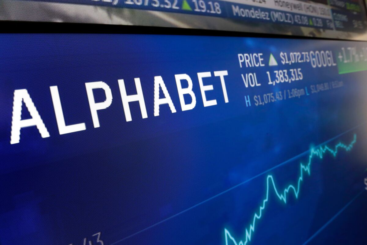 FILE- In this Feb. 14, 2018, file photo the logo for Alphabet appears on a screen at the Nasdaq MarketSite in New York. Alphabet Inc. reports financial earnings on Thursday, Feb. 2, 2023. (AP Photo/Richard Drew, File)