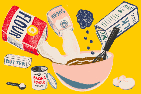 Illustration for the "How to boil water" series on how to make blueberry muffins.