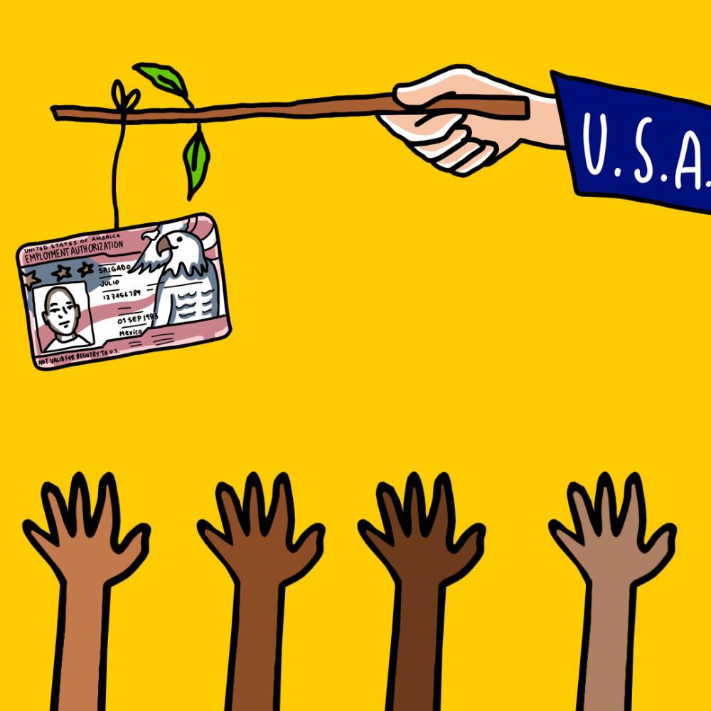 Illustration of hands reaching up to a ID card
