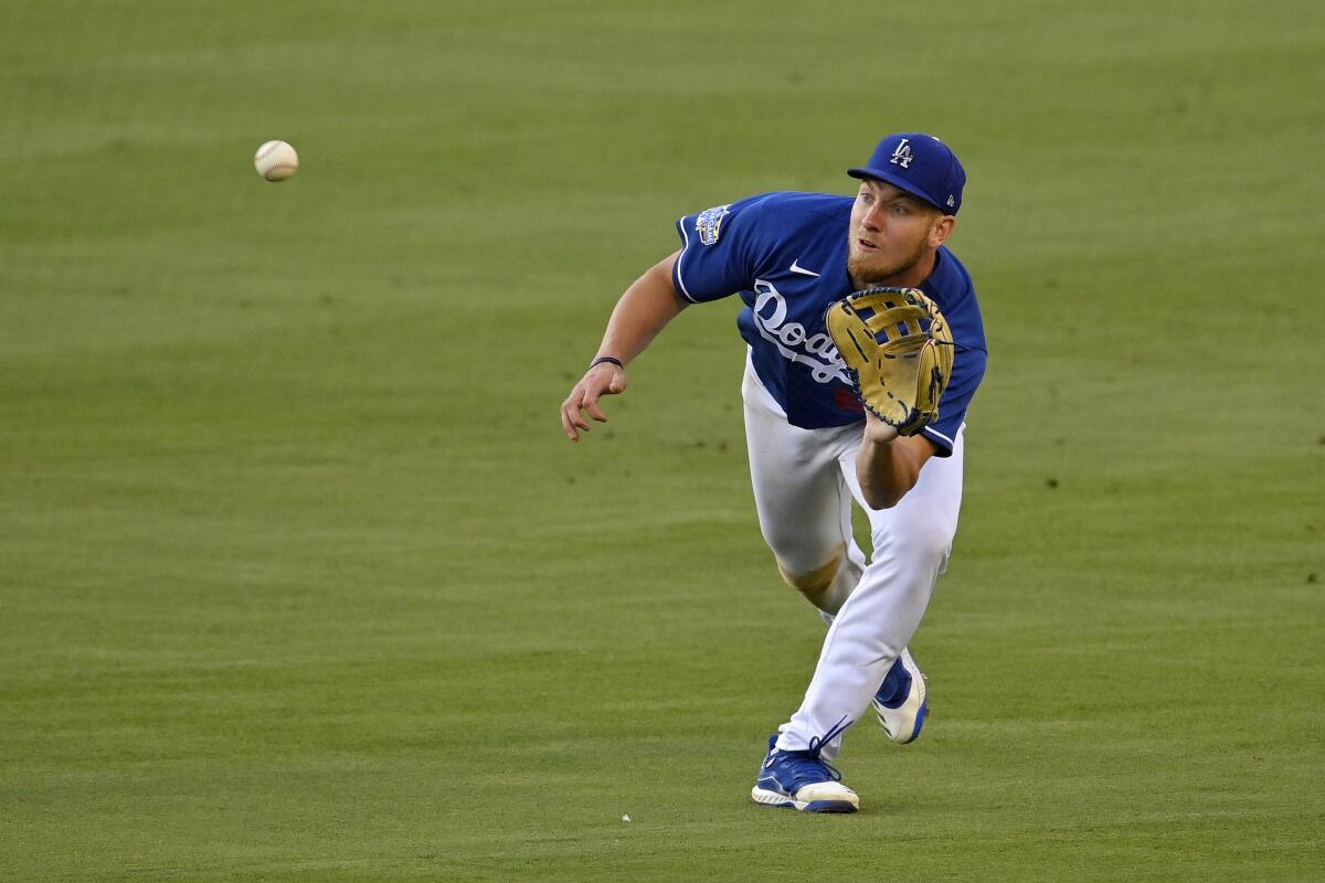 Dodgers outfielder Luke Raley makes a catch during an intrasquad game in July 2020.