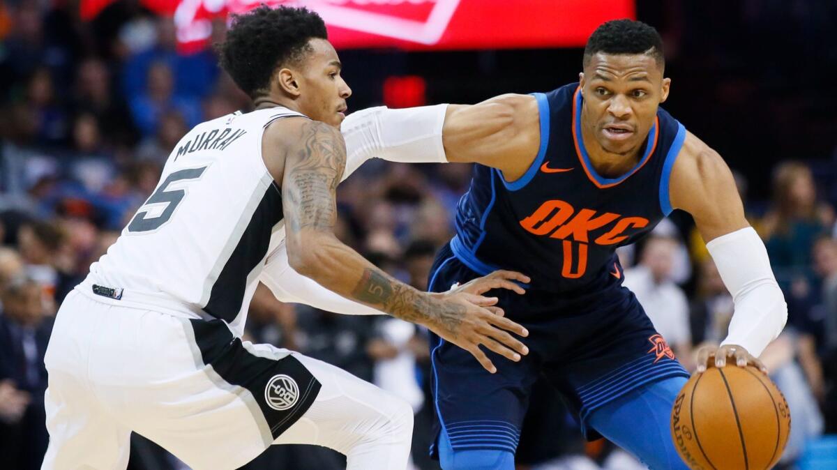 Oklahoma City Thunder guard Russell Westbrook drives around San Antonio Spurs guard Dejounte Murray during the first quarter.