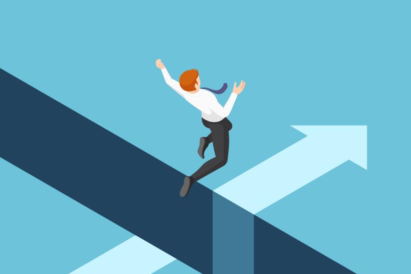 Flat 3d isometric businessman jumping over the gap between cliffs. Business risk and leadership concept.