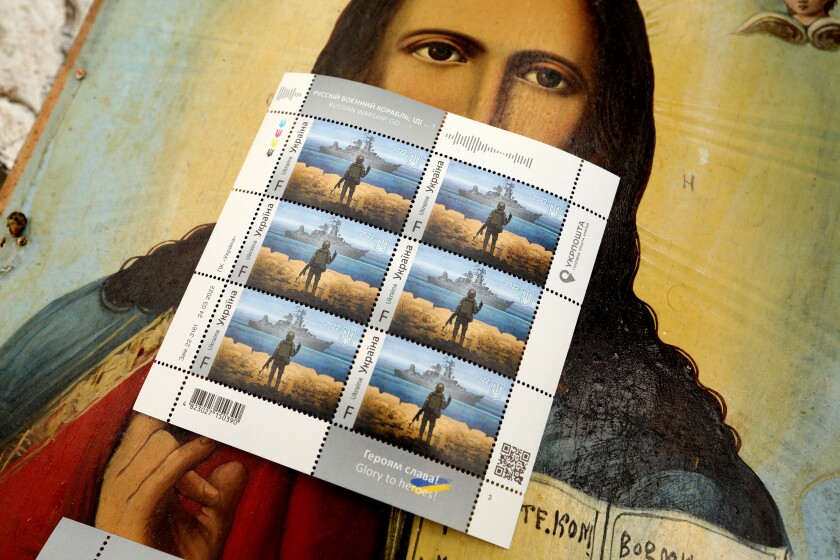 A sheet of stamps showing the Russian ship with a Ukrainian man.