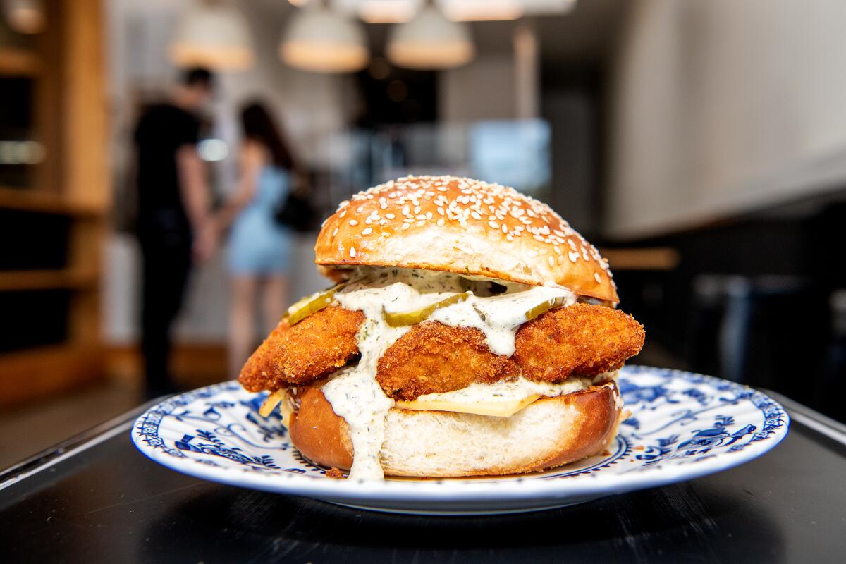 LOS ANGELES , CA - MARCH 22: Fried Cod sandwich from Oui on Melrose at Oui on Monday, March 22, 2021 in Los Angeles , CA. (Mariah Tauger / Los Angeles Times)