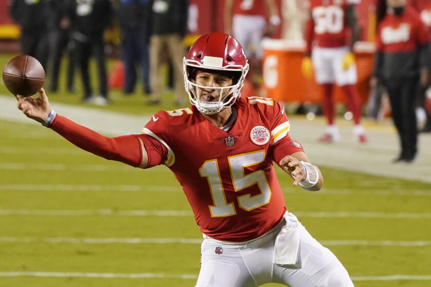 Kansas City Chiefs quarterback Patrick Mahomes plays against the Houston Texans in an NFL football game.